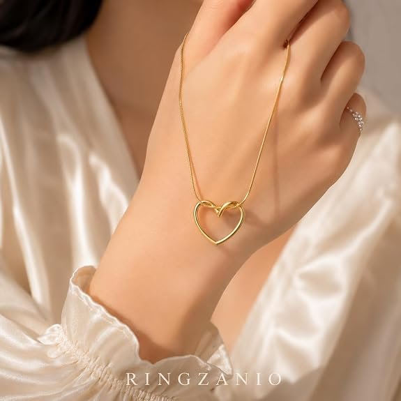 Gold Plated Hollow Heart Pendant Necklace for Women & Girls | Anti Tarnish Stainless Steel Snake Chain | Minimal Love Heart Necklace | Elegant Everyday Wear Fashion Jewellery | Birthday, Anniversary & Valentine's Day Gift for Wife, Girlfriend & Sister - Image 4